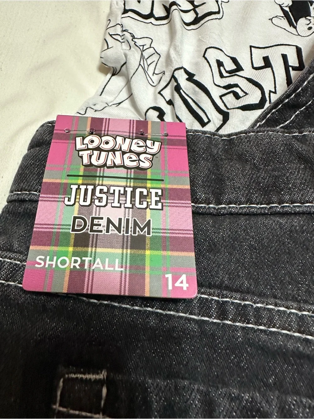 Warner Bros. Black Denim Short Overalls with Looney Tunes Patches